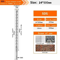 콘크리트 SDS 플러스 비트 크로스 커터 헤드 더블 오거 해머 110 350 벽돌 전기 석조, 03 1PCS, 32 14X500MM