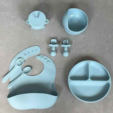 寶寶矽膠餐具套組 食品級8件套, 烟灰色-矽膠柄圓盤8件套