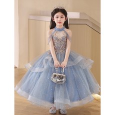 兒童主持人禮服女童輕奢小衆公主裙高級感藍色小女孩鋼琴演奏演出