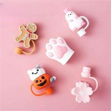 스탠리호환 빨대 마개 캡 텀블러 스트로 캐릭터 악세사리 스토퍼 뚜껑, 1개, 양면 벚꽃 모자 + 일자형 유리 빨대