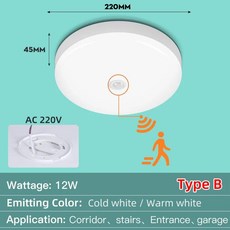 모션 센서 LED 천장 조명 스마트 야간 램프 IP44 방수 입구 발코니 복도용 가정용, 05 12W, 02 Cold White, 01 2 PCS, 1개