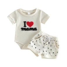 Douhoow 남아용 여름 의상 반팔 Mamas 자수 아기 와플 롬퍼 반바지 세트 유아 축제 의류 베이지 C 0-3개월107483