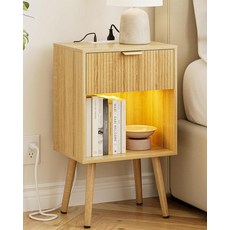 ASACESCU 세로로 홈이 있는 나이트스탠드 보관 서랍이 있는 모던 침대 옆 테이블 침실 거실 사무실용 나무 나이트 스탠드 사이드 엔드 테이블 (오크), Oak With Light