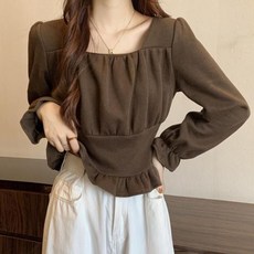 여성 가을 스퀘어넥 셔링 긴팔 블라우스 퍼프 여리여리 셔츠 상의 프릴 하객룩 쉬폰 소매