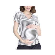 MoTHE 더rHOOD 후디 후드티 MAT 매트ernity 여성용 반소매 사이드 주름 장식 브이넥 임산부 티셔츠 화이트/블랙 스트라이프 120755