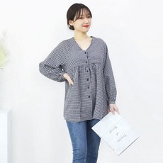 임산부 긴팔 체크블라우스 브이넥 단추 만삭 임부복 159922