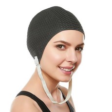 [ 875441 ] 라텍스 수영 모자 - 여성용 세련된 모자 여성에게 적합 머리카락을 건조하게 유지하기에 적합 긴 머리에 턱 스트랩이 있는 버블 크레이프 화이트, 턱 스트랩/블랙