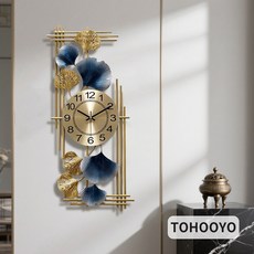 골드 블루 은행잎 라이트 럭셔리 벽시계 메탈 세로 바 프레임 골드 블루 그라데이션 입체 은행잎 골드 브러시드 다이얼 무소음 무브먼트 현관 거실 서재 장식 모던 라이트 럭셔리 신중식, Golden