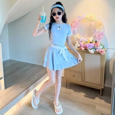 AD2872여아 키즈 주니어 여름 고퀄 면혼방 라운드넥 반팔 주름 플리츠 스커트 치마 상하세트 2종 비치웨어 래쉬가드 모노키니 실내외 수영복