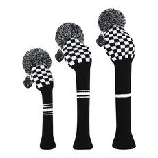 Scott Edward 폼폼 포함 골프 클럽 커버 3개 세트 Well Driver(460cc) 페어웨이 우드 및 하이브리드(UT) 회전 번호 태그 남성/여성 골퍼용 (그레이 블, 흑백 체스판