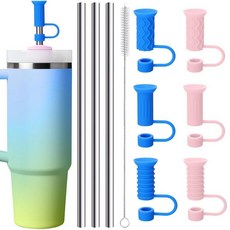 Mity rain Stanley용 실리콘 빨대 토퍼 빨대 커버 및 스테인리스 스틸 빨대 Stanley Cup 11.2g/1.2L(30/40온스) 텀블러 액세서리 먼지/누출, 핑크+블루 메탈