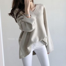 杜達女孩 獨家開版超柔羊絨混紡V領針織毛衣 寬鬆顯瘦針織上衣 中長版長袖針織毛衣