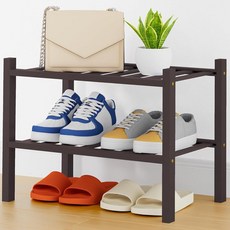 Smiry 신발장 4단 두꺼운 긴 대나무 신발 오거나이저 쌓을 수 있는 프리 스탠딩 목재 신발 보관 선반 옷장 입구 현관 입구용 내추럴, 브라운, 2 Tier - Thick - Small