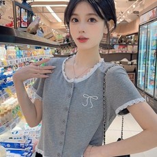 해피유통 프렌치 레이스 버튼 반팔 블라우스 여성용 데일리 스타일