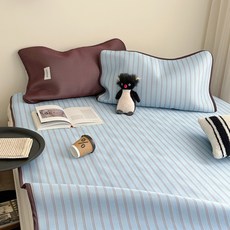 冰丝凉席三件套 夏季凉感空调席 软席子, 涼墊, 條紋涼蓆-天真藍