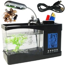 全自動水族箱 小型魚缸 鬥魚缸 孔雀缸 療癒魚缸 時鐘 筆筒 LED, 1個, 黑色-usb水族箱