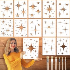 [ 745601 ] 풀하울 페인팅용 대형 별 스텐실 12개 브러시 6개 재사용 가능한 페인트 스텐실 벽용 반짝임 벽 드로잉 나무 공예 캔버스 원단 홈 데코용, [ 745601 ] 풀하울 페인팅용 대형 별 스텐실 1