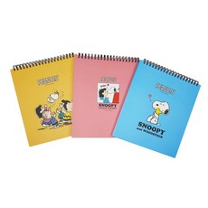 피너츠 스누피 상철 그리드 노트 3종, 파란색 분홍색 노란색, 3개