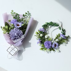 핸드메이드 고급 폼폼데이지 꽃다발+리스 세트 납골당 성묘, 폼폼데이지 퍼플 SET, 1개