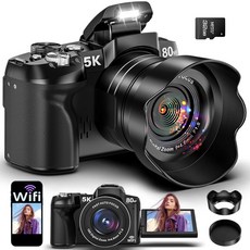 5K 디지털 카메라 - 사진 촬영용 80MP WiFi YouTube용 고속 자동 초점 브이로그 3 270 플립 스크린 18배 줌 메모리 카드 렌즈 후드를 갖춘 초보자를 위한 UHD, Black
