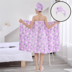 跨境印花抹胸裙浴帽女款家用夏季浴巾柔軟浴袍吸水乾發帽兩件套, 1個, 印花-紫色:80x210cm【浴裙】