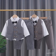 男寶寶春秋西裝套裝三件組：紳士條紋襯衫禮服，週歲寶寶服裝首選