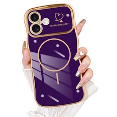 Fiyart 아이폰 16 플러스 전용 케이스 귀여운 웨이브 프레임 컬리 모양 러브 하트 도금 여성용 여아용 카메라 보호 MagSafe 마그네틱 충격 방지 범퍼 17cm(6.7, iPhone 16, 퍼플