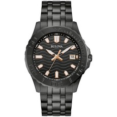 Bulova 남성용 스포츠 시계 블랙 스테인리스 스틸 팔찌 로즈 골드 악센트 야광 마커 블랙 다이얼 42mm 케이스 스타일: 98B438, Bulova 남성용 스포츠 시계, 블랙 스테인리스 스틸