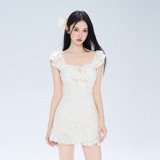 法式白色連體裙式泳衣 純欲風甜美設計
