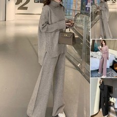 女生套裝 兩件式運動套裝 休閒套裝 大尺碼 韓版 顯瘦 秋冬季禦姐穿搭高冷港風網紅休閒寬鬆慵懶風毛衣闊腿褲兩件套裝女