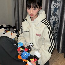 투니스 여성 기모 사이드 스트라이프 긴소매 후드 티셔츠