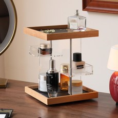 實木旋轉收納盒 - 桌面首飾化妝品香水收納展示架, 1個, 櫻桃木/黑色