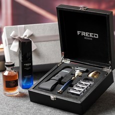 FREED 男士修容刮鬍刀護理古銅尊爵理容禮盒組 生日禮物, 1個, 不需要刻字-帝王藍,刮鬍露+菸草琥珀鬍後純露