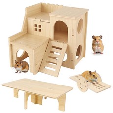 IRRVIN 3점 세트 햄스터 하우스 나무 장난감 두꺼운 내구성 내구성 설치 간단 놀이터 오두막 귀여운 스트레스 해소 운동 부족 해소 작은 동물 용품 발판 사다리꼴, 1개, 상세페이지 참조