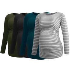 Smallshow 여성용 4팩 임산부 셔츠 긴소매 주름 장식 임산부 의류 상의 아미 그린-블랙-틸-라이트 그레이 스트라이프(4팩) S