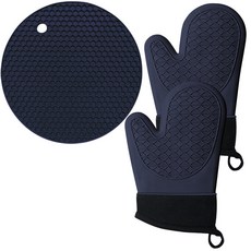 矽膠隔熱用具組, 黑色 - 2 個矽膠烤箱手套 + 1 個矽膠鍋架