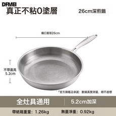 DFMEI 無塗層304不鏽鋼平底鍋家用不粘鍋食品級加厚電磁爐專用牛排煎鍋, 1個, 【26cm】純鋼無塗層 不沾抗凸(2-3人使用)不帶蓋:默認項, 1cm
