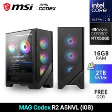 MSI MAG Codex R2 A5NVL I08 U5-225F RTX 5060 게이밍 데스크탑, MAG 코덱스 R2 A5NVL (I08), Free DOS, 2TB, 16GB, 블랙