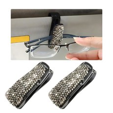 WEVDN 자동차 패션 안경 선글라스 홀더 블링 2개 클립 여아용 선바이저 여성용 행거, 밝은 블랙