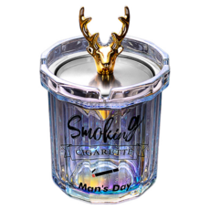 台灣出貨 防飛菸灰缸 創意煙灰缸 不鏽鋼蓋 防風玻璃煙灰缸, 炫彩色+銀色漏斗+鹿頭蓋子, 1個