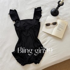 小飛袖 荷葉邊 收腰 泳衣 黑色 顯瘦 露肩 保守 學生款