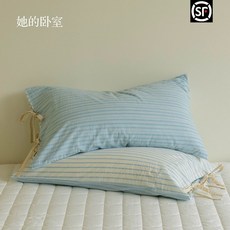 순면 베개 리본베개커버 끈으로 묶는 스타일, 1개, G. 클라우드 드림 우븐 라이트 블루 한 쌍당 48x7
