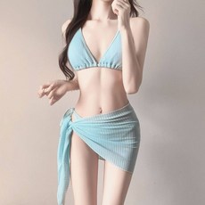 比基尼 泳裝 套裝 三件式 附圍裙 韓系 適合溫泉與沙灘寫真, 88022藍色,均號40-60公斤批發拍均號