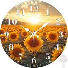 Identiy 원형 벽시계 무소음 배터리 작동 블루밍 해바라기 밭 30.5cm(12인치) 논틱 읽기 쉬운 디스플레이 원형 아날로그 벽시계 사무실 침실 거실 및 주방용 장식