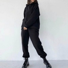 블랙 여자 트레이닝 세트 반집업 후드 조거팬츠 여성운동복