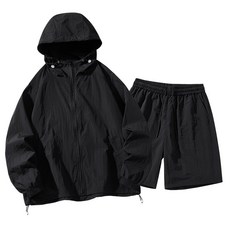 THE G&G남녀공용 후드 집업 경량 바람막이 긴팔+반바지 상하세트LK, 블랙
