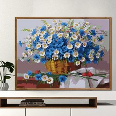 【TangZhen】유화그리기 유화그리기세트 diy 디지털 유화 가방 우편 거실 성인 어린이 손으로 채색 유채화 수제 장식 창문 앞 풍경, 50*65 이너 2.5cm 두께, H819 블루 국화, 1개