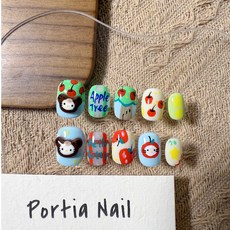 Portia Nail 純手工穿戴甲 可愛卡通手繪塗鴉, 1個, 蘋果樹Kitty（短方圓14mm,Xs