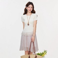 레이스 배색 레이스 밑단 니트 여성복 봄여름 라운드넥 정숄더 슬림핏 반소매 상의