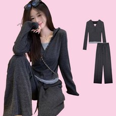 台東出貨 網紅休閒運動套裝女 瑜珈服 長袖瑜伽上衣 假兩件連帽長袖t恤 慵懶寬褲兩件套